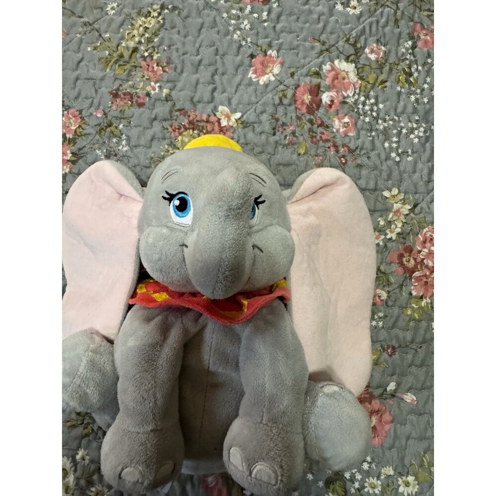 Disney Store Dumbo Plush Elephant 14–15” Gray Pink Ears Yellow Hat Blue Eyes